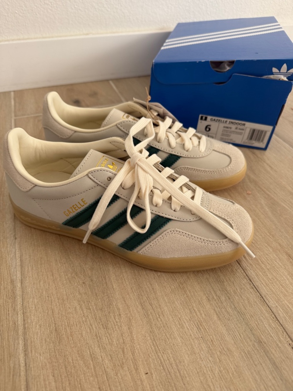 adidas Gazelle Indoor Cream with Green Stripes and Gum Sole